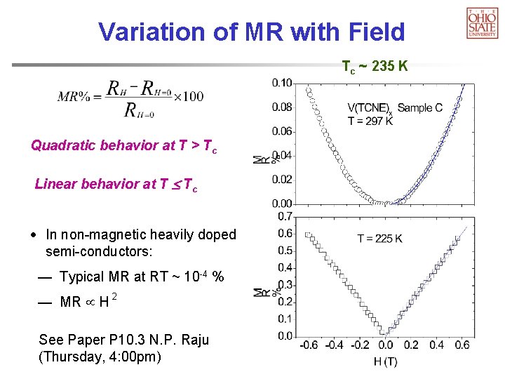Variation of MR with Field Tc ~ 235 K Quadratic behavior at T >
