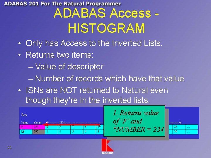 ADABAS Access HISTOGRAM • Only has Access to the Inverted Lists. • Returns two