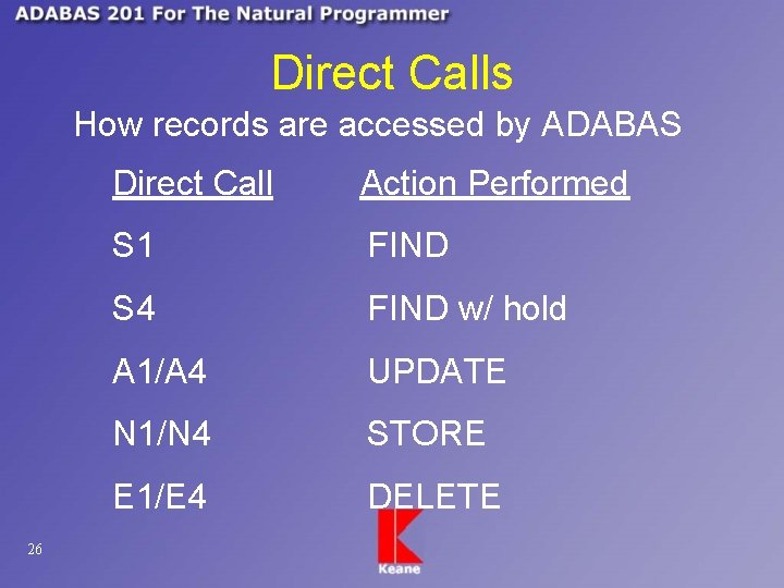 Direct Calls How records are accessed by ADABAS 26 Direct Call Action Performed S