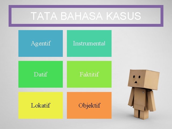 TATA BAHASA KASUS Agentif Instrumental Datif Faktitif Lokatif Objektif 