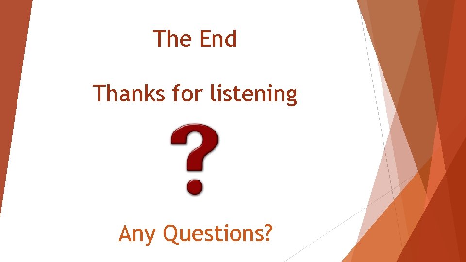 The End Thanks for listening Any Questions? 
