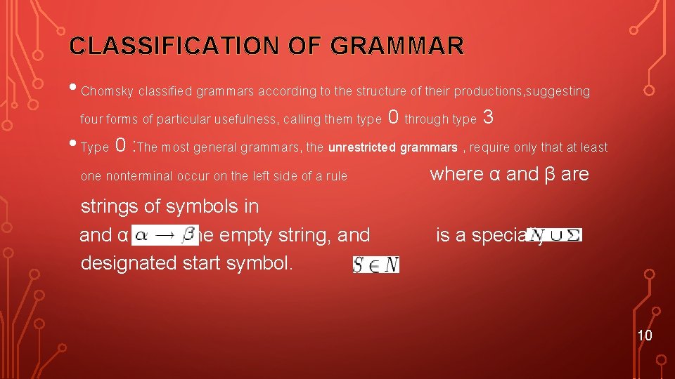 CLASSIFICATION OF GRAMMAR • Chomsky classified grammars according to the structure of their productions,