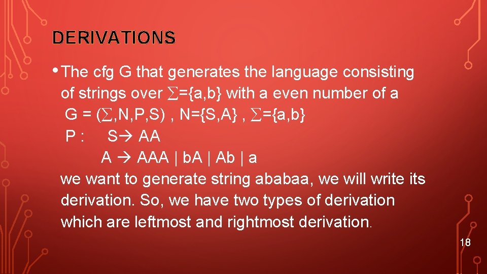 DERIVATIONS • The cfg G that generates the language consisting of strings over ={a,