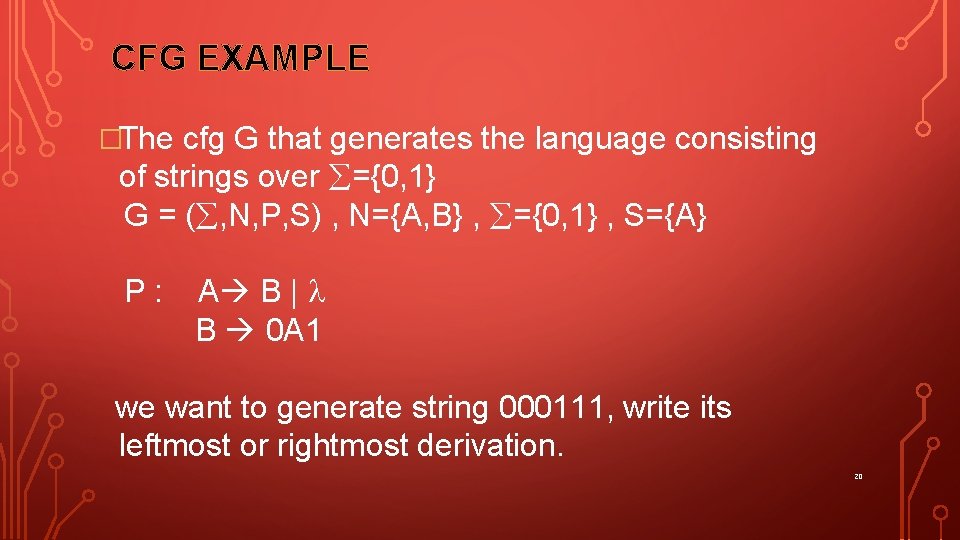 CFG EXAMPLE �The cfg G that generates the language consisting of strings over ={0,