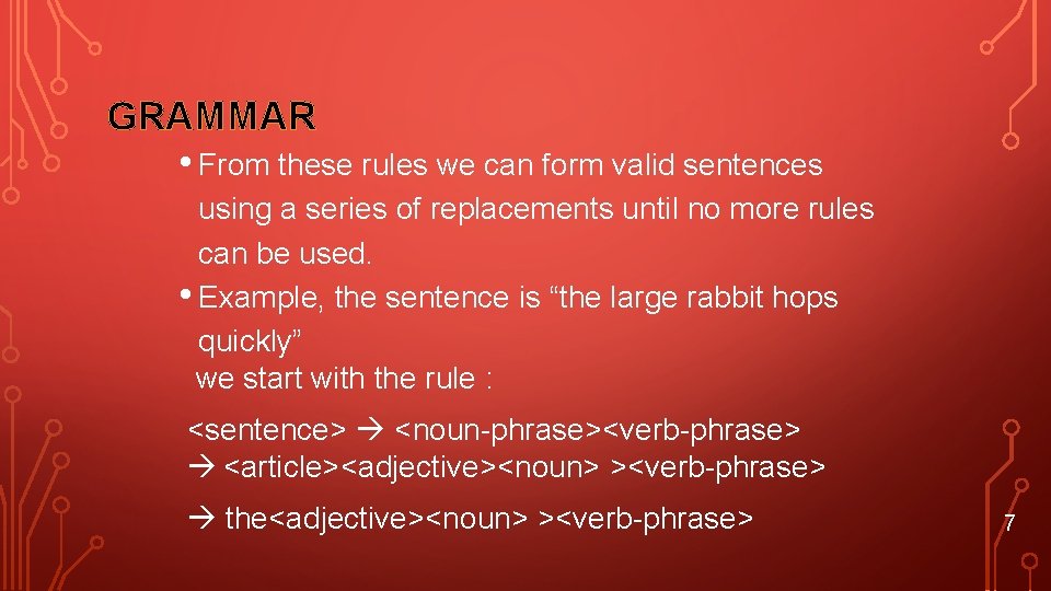 GRAMMAR • From these rules we can form valid sentences using a series of