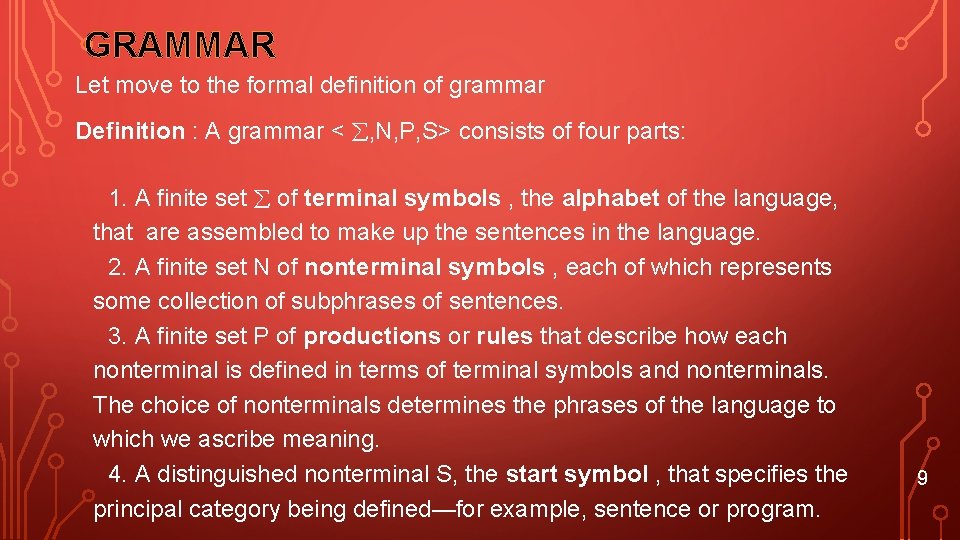 GRAMMAR Let move to the formal definition of grammar Definition : A grammar <