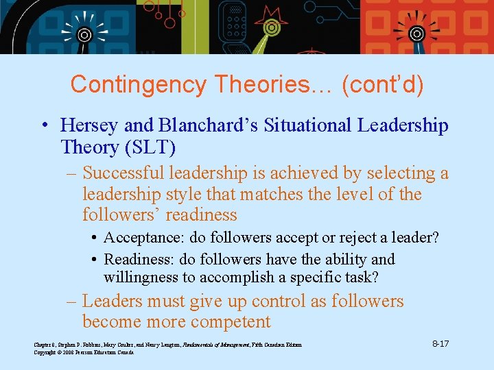 Contingency Theories… (cont’d) • Hersey and Blanchard’s Situational Leadership Theory (SLT) – Successful leadership