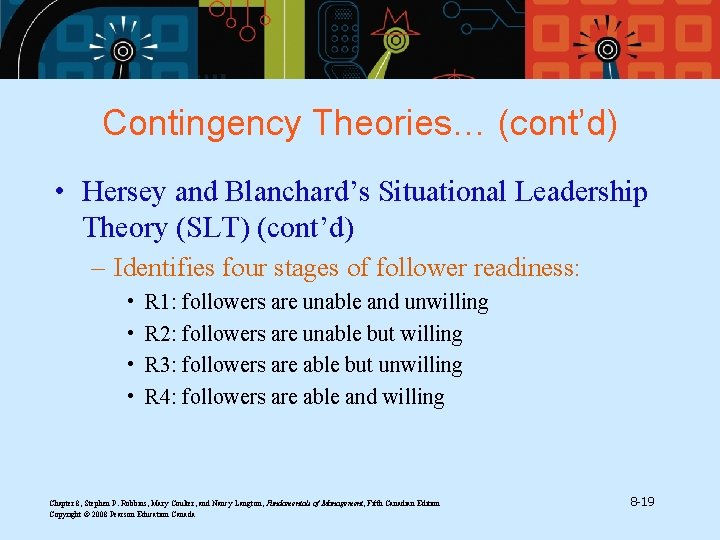 Contingency Theories… (cont’d) • Hersey and Blanchard’s Situational Leadership Theory (SLT) (cont’d) – Identifies