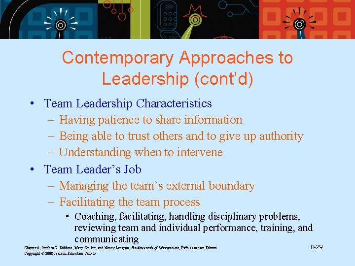 Contemporary Approaches to Leadership (cont’d) • Team Leadership Characteristics – Having patience to share