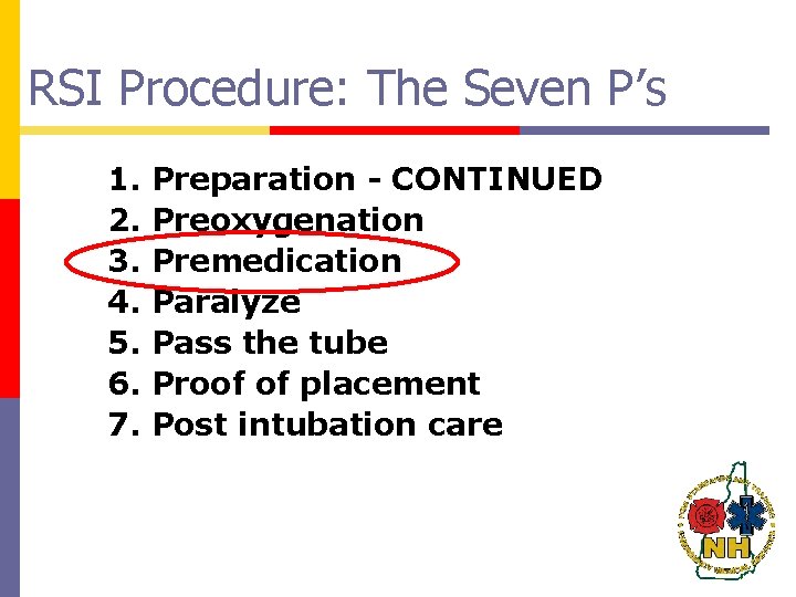 RSI Procedure: The Seven P’s 1. 2. 3. 4. 5. 6. 7. Preparation -