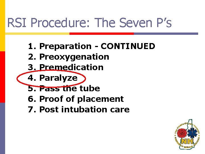 RSI Procedure: The Seven P’s 1. 2. 3. 4. 5. 6. 7. Preparation -