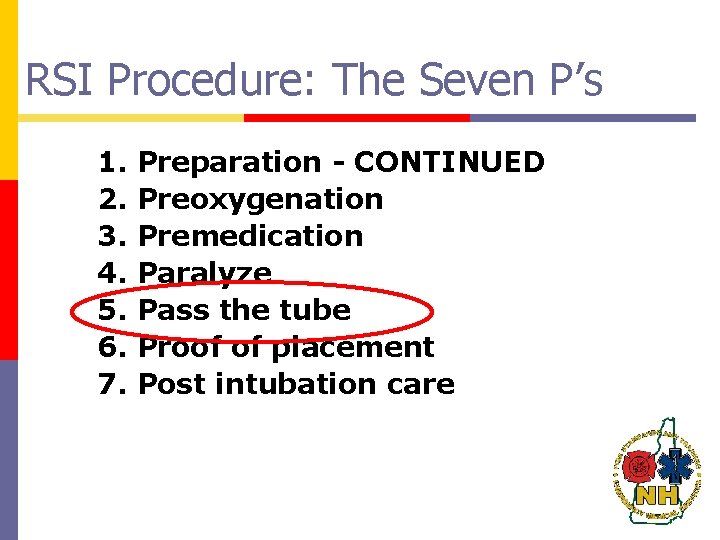 RSI Procedure: The Seven P’s 1. 2. 3. 4. 5. 6. 7. Preparation -
