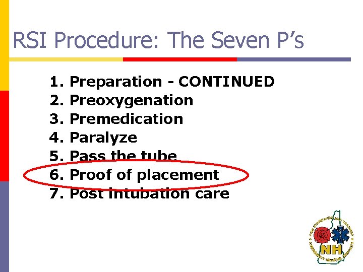 RSI Procedure: The Seven P’s 1. 2. 3. 4. 5. 6. 7. Preparation -