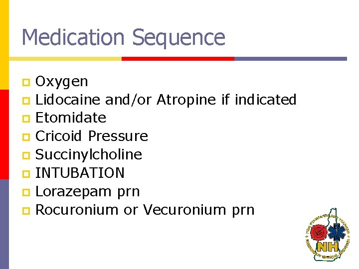 Medication Sequence Oxygen p Lidocaine and/or Atropine if indicated p Etomidate p Cricoid Pressure