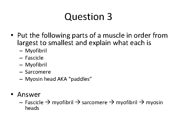 Question 3 • Put the following parts of a muscle in order from largest