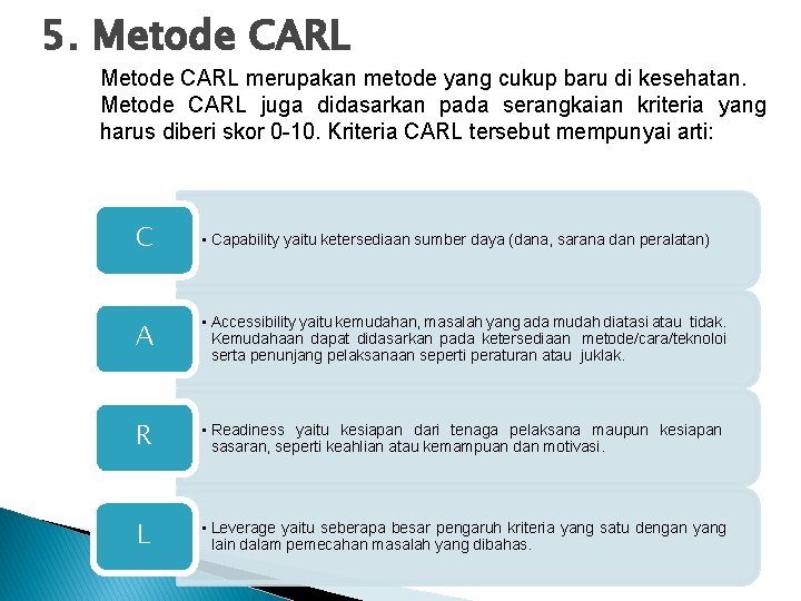 5. Metode CARL merupakan metode yang cukup baru di kesehatan. Metode CARL juga didasarkan