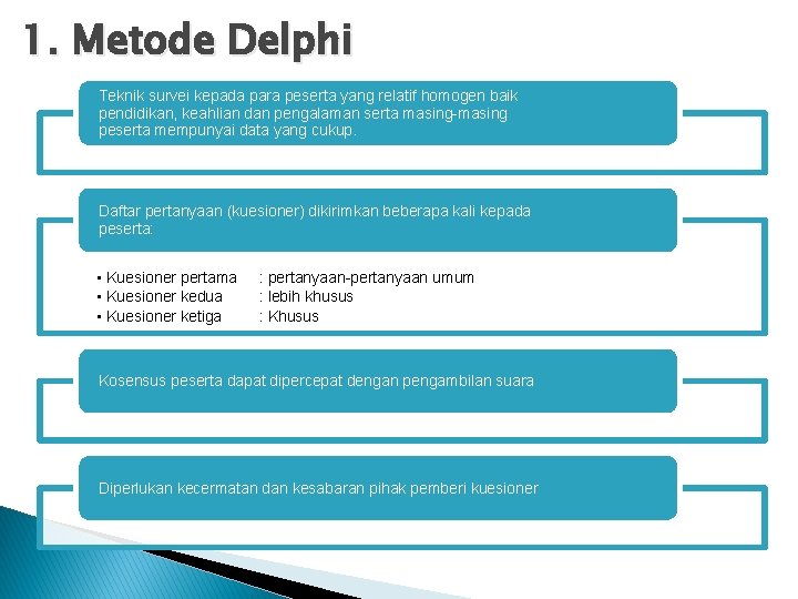 1. Metode Delphi Teknik survei kepada para peserta yang relatif homogen baik pendidikan, keahlian