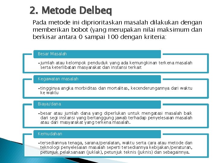 2. Metode Delbeq Pada metode ini diprioritaskan masalah dilakukan dengan memberikan bobot (yang merupakan