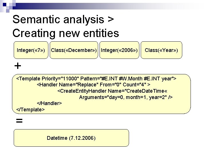 Semantic analysis > Creating new entities Integer( « 7» ) Class( «December» ) Integer(