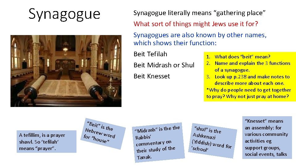 Synagogue literally means “gathering place” What sort of things might Jews use it for?