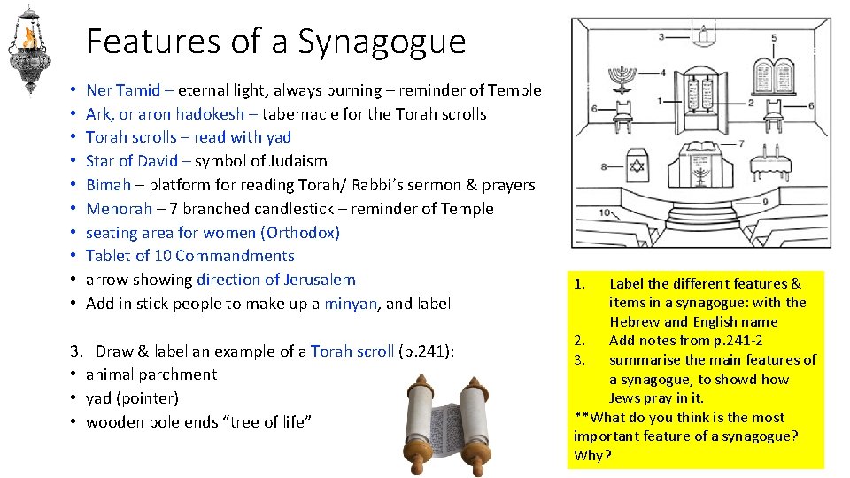 Features of a Synagogue • • • Ner Tamid – eternal light, always burning