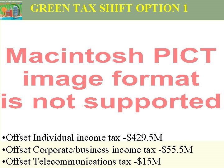 GREEN TAX SHIFT OPTION 1 • Offset Individual income tax -$429. 5 M •