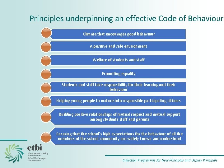 Principles underpinning an effective Code of Behaviour Climate that encourages good behaviour A positive