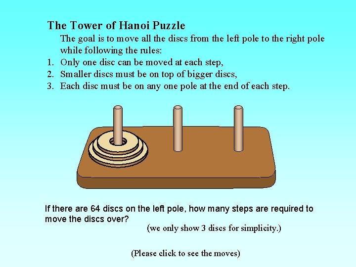 The Tower of Hanoi Puzzle The goal is to move all the discs from