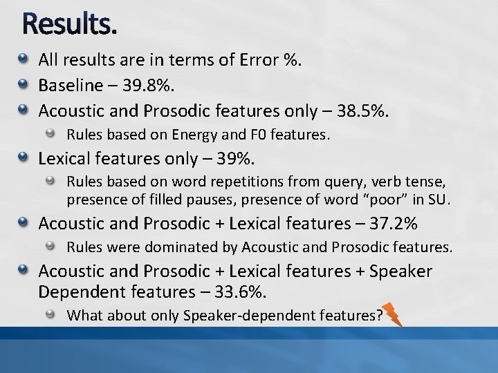Results. All results are in terms of Error %. Baseline – 39. 8%. Acoustic