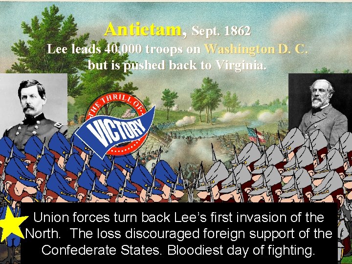 Antietam, Sept. 1862 Lee leads 40, 000 troops on Washington D. C. but is