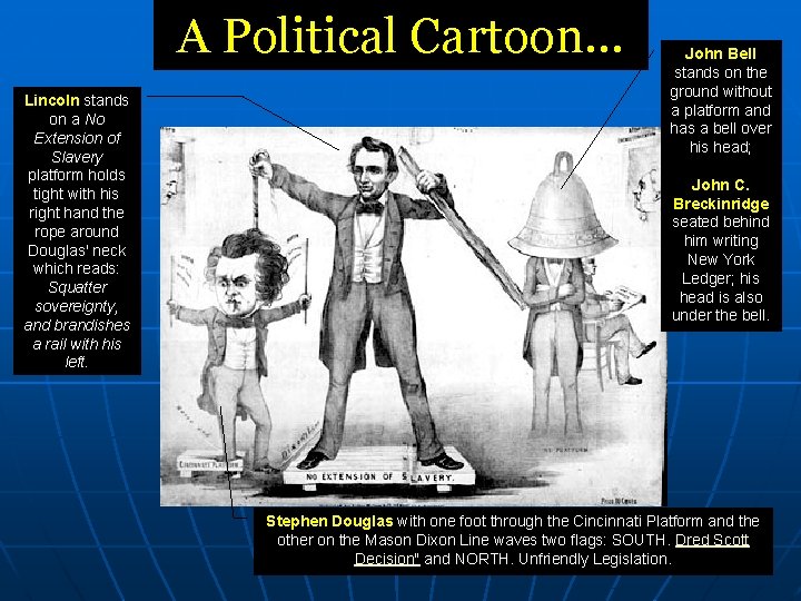 A Political Cartoon… Lincoln stands on a No Extension of Slavery platform holds tight