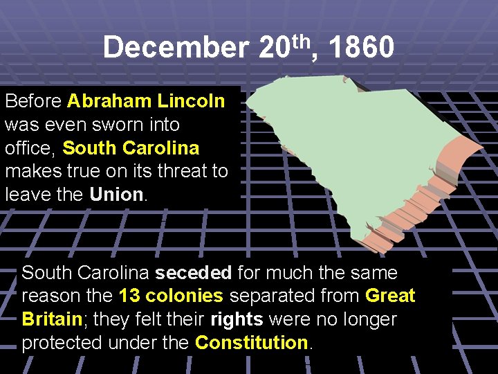 December 20 th, 1860 Before Abraham Lincoln was even sworn into office, South Carolina