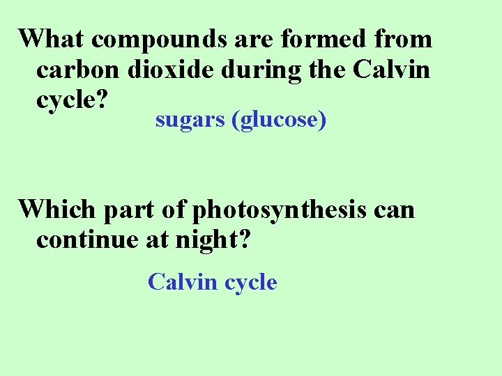 What compounds are formed from carbon dioxide during the Calvin cycle? sugars (glucose) Which