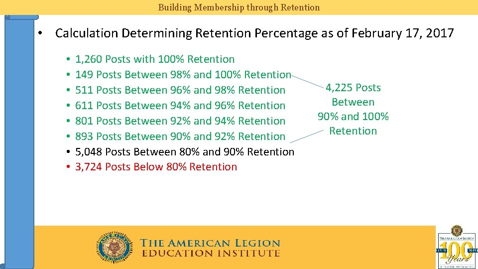 Building Membership through Retention • Calculation Determining Retention Percentage as of February 17, 2017