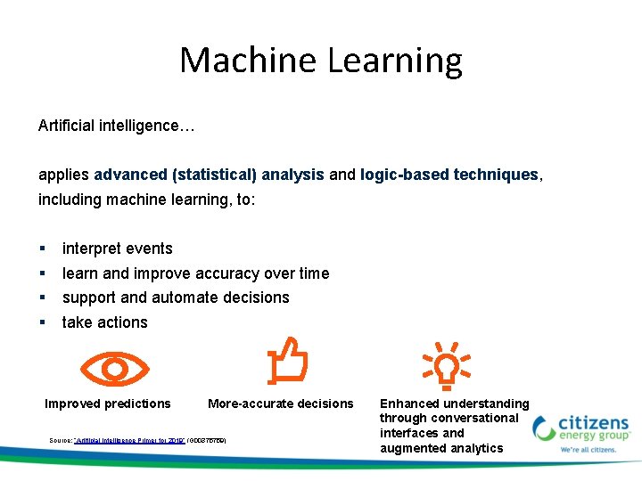 Machine Learning Artificial intelligence… applies advanced (statistical) analysis and logic-based techniques, including machine learning,