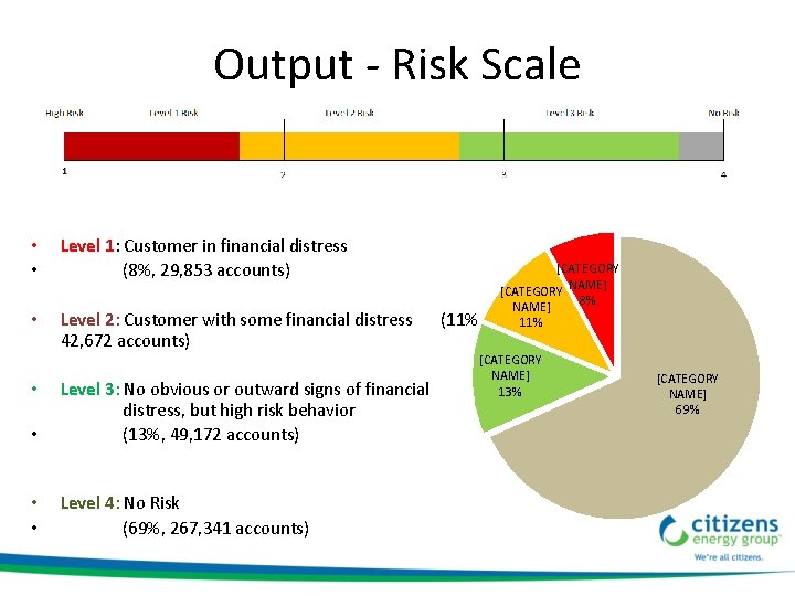 Output - Risk Scale • • Level 1: Customer in financial distress (8%, 29,
