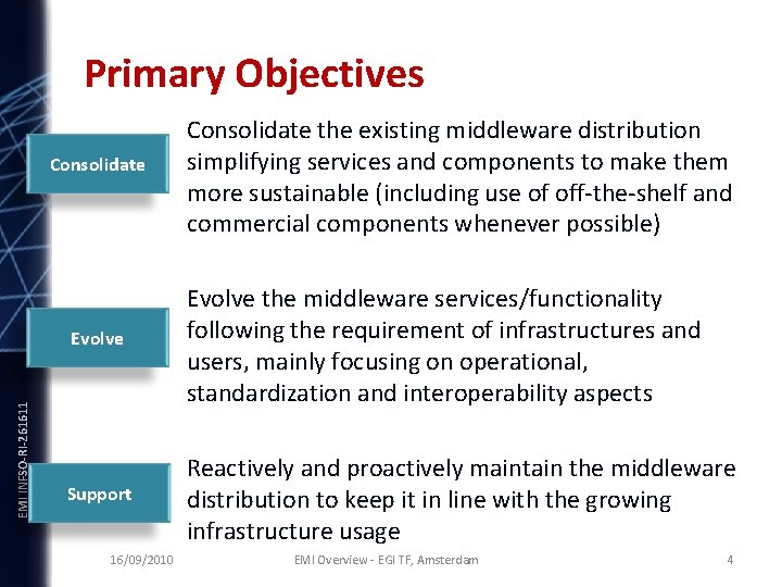 Primary Objectives INFSO-RI-261611 EMI INFSO-RI-261611 Consolidate the existing middleware distribution simplifying services and components