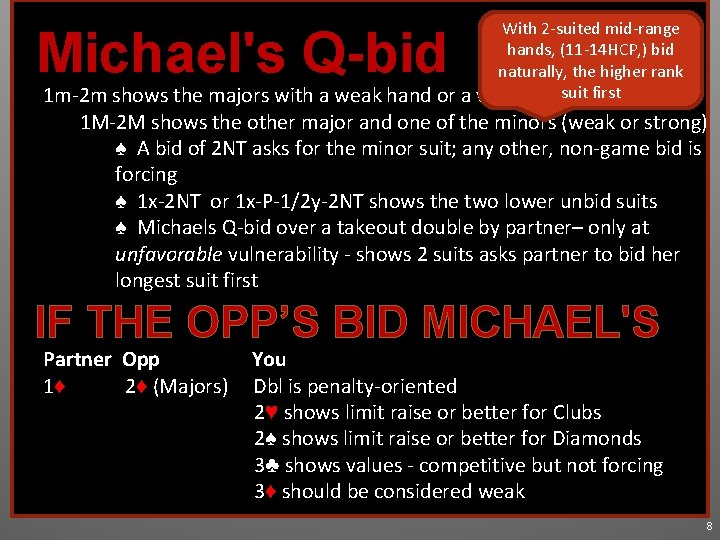 With 2 -suited mid-range hands, (11 -14 HCP, ) bid naturally, the higher rank