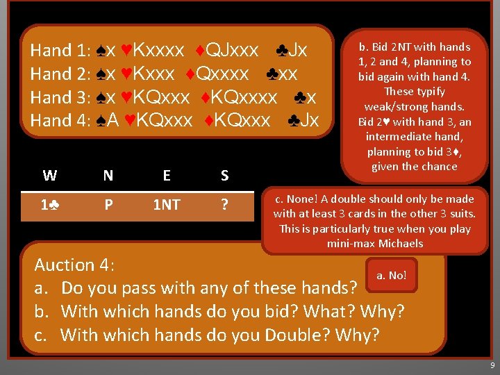 Hand 1: ♠x ♥Kxxxx ♦QJxxx ♣Jx Hand 2: ♠x ♥Kxxx ♦Qxxxx ♣xx Hand 3: