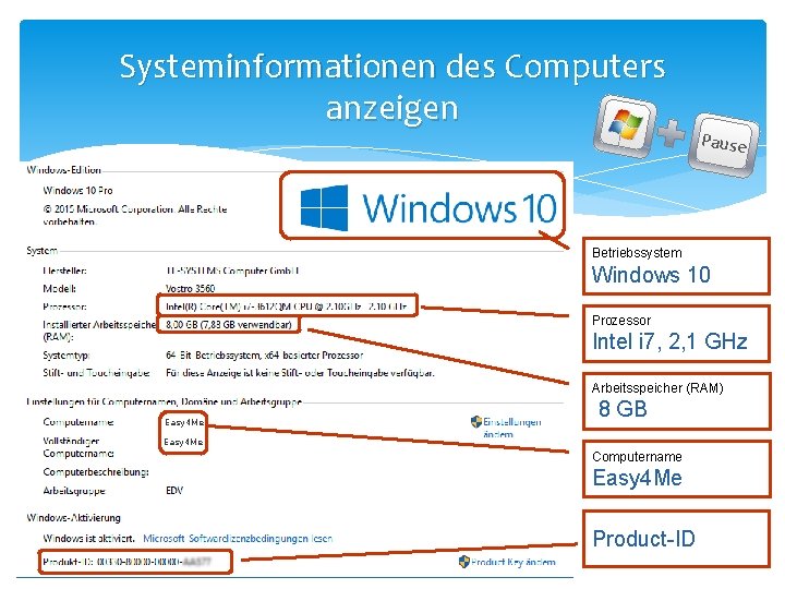 Systeminformationen des Computers anzeigen Pause Betriebssystem Windows 10 Prozessor Intel i 7, 2, 1