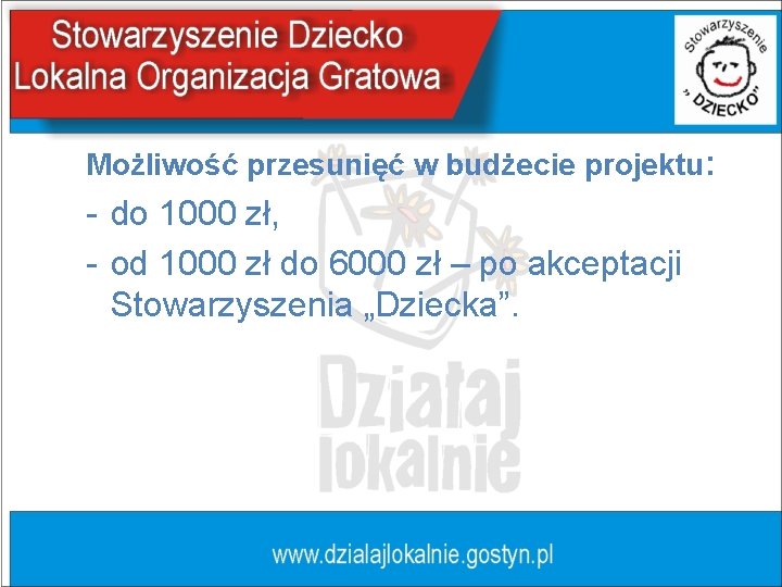 Możliwość przesunięć w budżecie projektu: - do 1000 zł, - od 1000 zł do