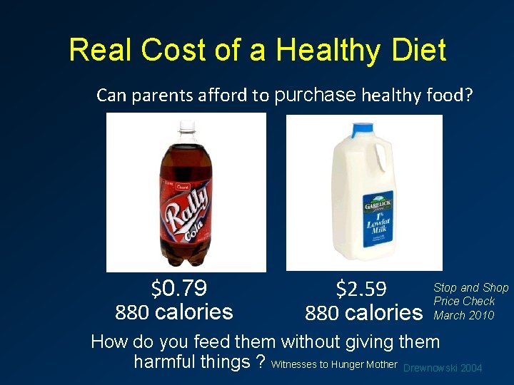 Real Cost of a Healthy Diet Can parents afford to purchase healthy food? $0.