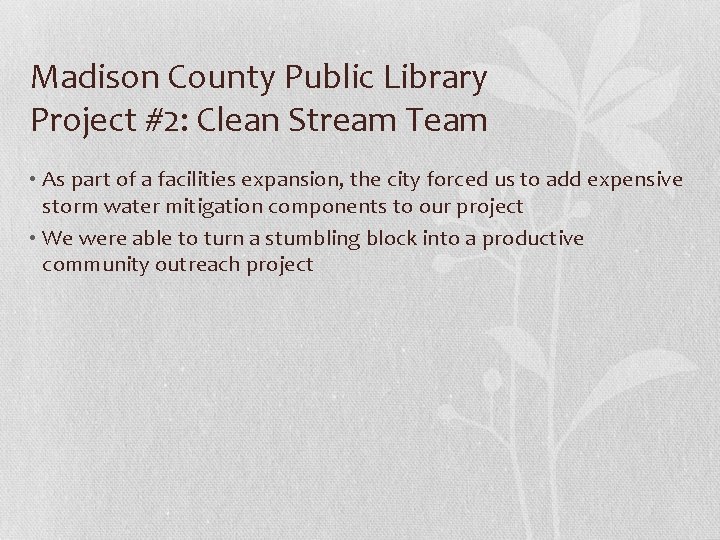 Madison County Public Library Project #2: Clean Stream Team • As part of a