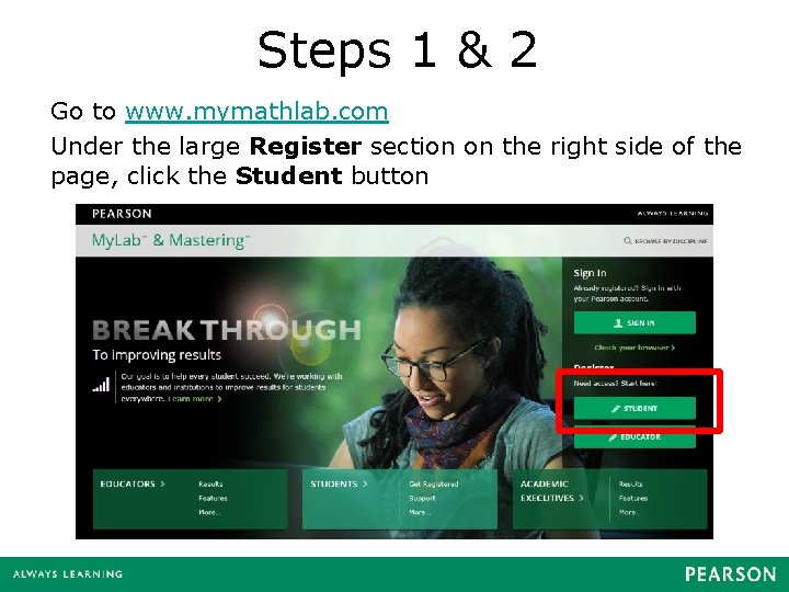 Steps 1 & 2 Go to www. mymathlab. com Under the large Register section