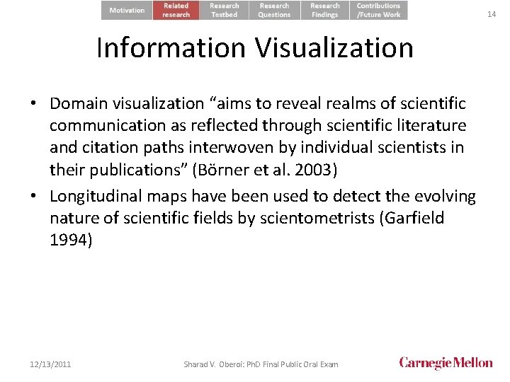 14 Information Visualization • Domain visualization “aims to reveal realms of scientific communication as
