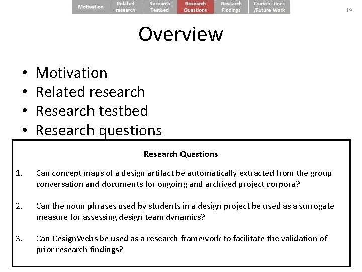 19 Overview • • • 1. • • Motivation Related research Research testbed Research