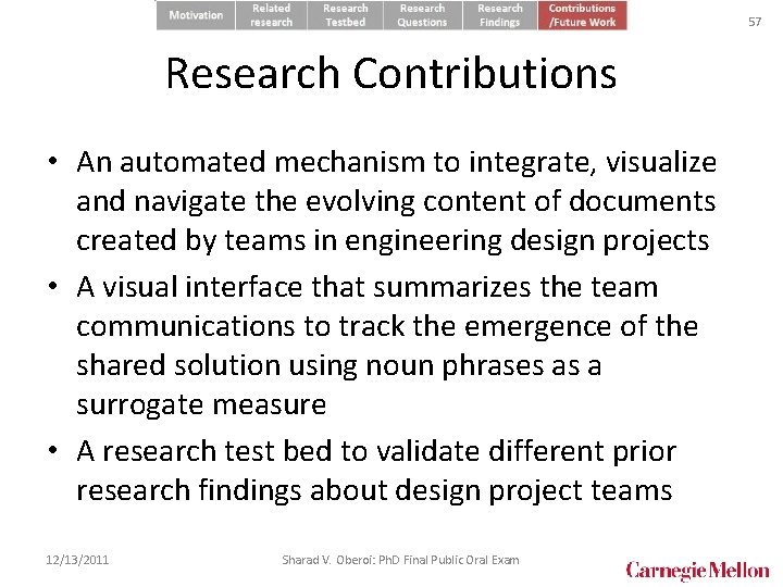 57 Research Contributions • An automated mechanism to integrate, visualize and navigate the evolving