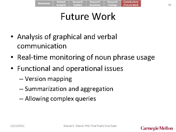 58 Future Work • Analysis of graphical and verbal communication • Real-time monitoring of