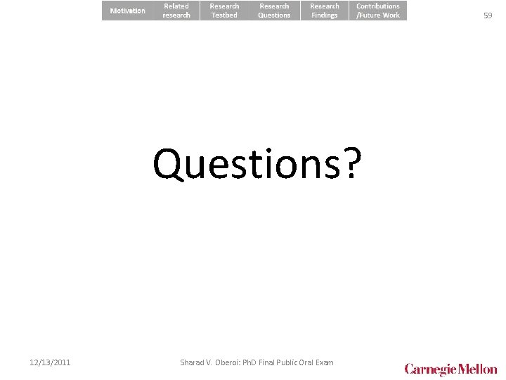 59 Questions? 12/13/2011 Sharad V. Oberoi: Ph. D Final Public Oral Exam 