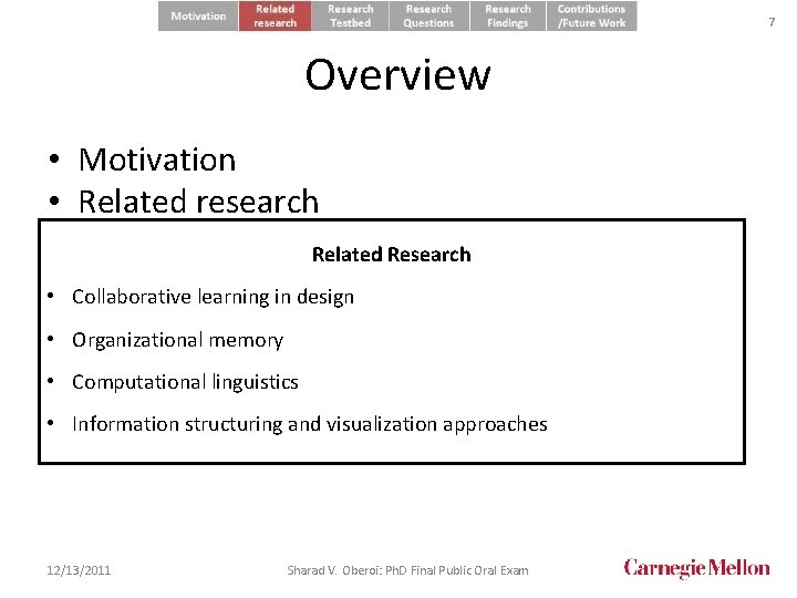 7 Overview • • • • • Motivation Related research Research testbed. Related Researchlearning